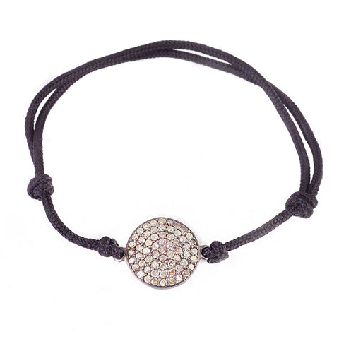 Diamond Pave Disc Charm on Black Cord Bracelet
