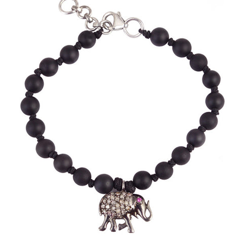 Diamond Elephant Charm on Onyx Bracelet