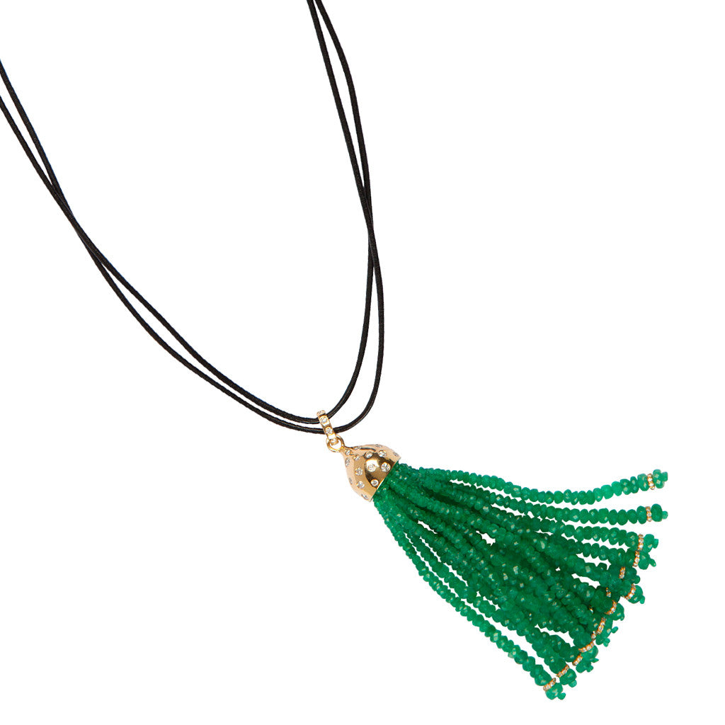 18ct Karon Jacobson Gold & Diamond Tassel Pendant with Emerald Beads - Designer Jewellery - 2