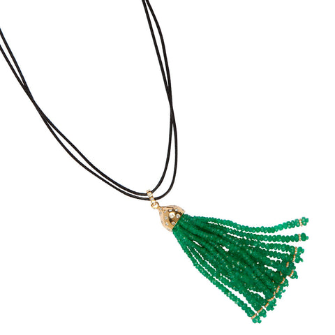 18ct Gold & Diamond Tassel Pendant with Emerald Beads