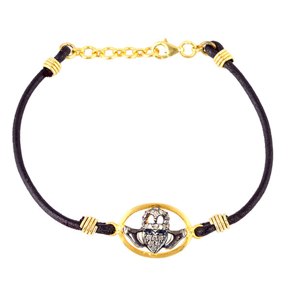 Diamond & Gold Claddagh Leather Bracelet